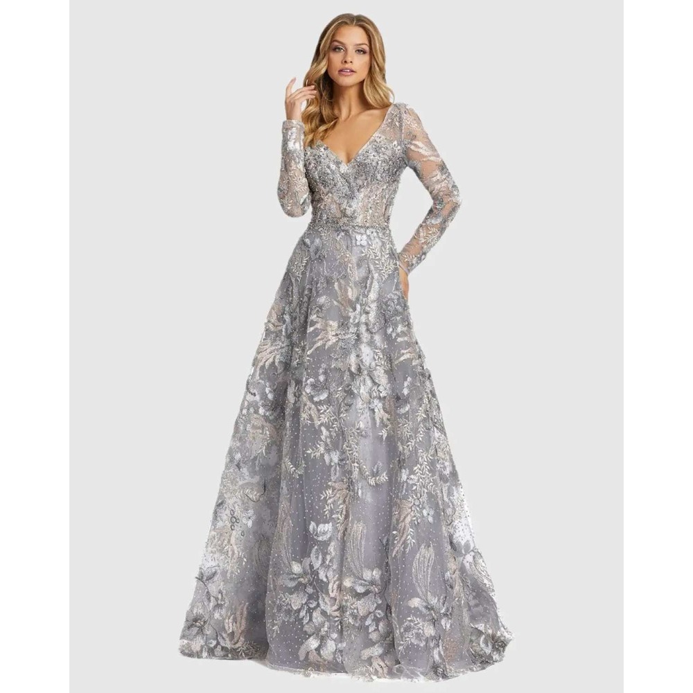 Mac Duggal NEW Gray Long Sleeve Beaded Applique Embroidered Gown $798 - Size 10‎ - Picture 2 of 14